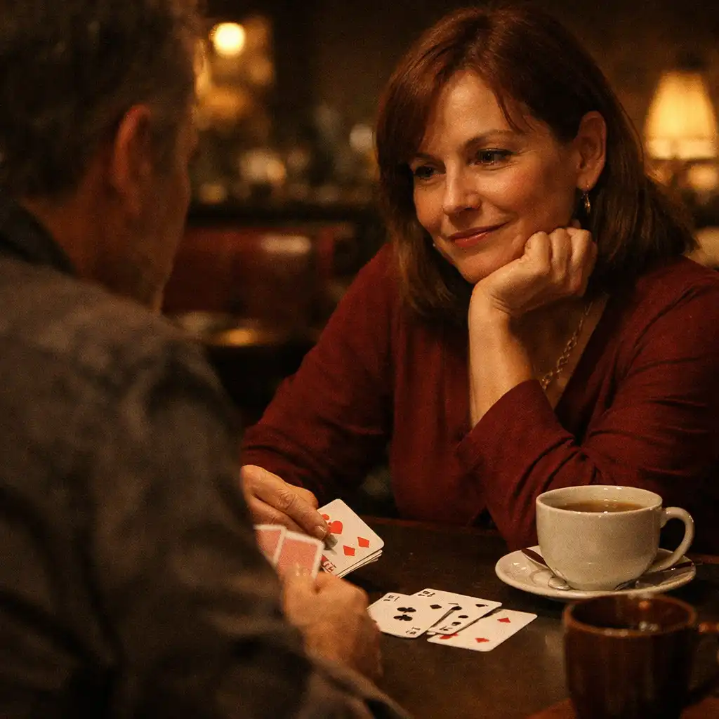 Two guests in quiet conversation at a warmly lit card lounge table
