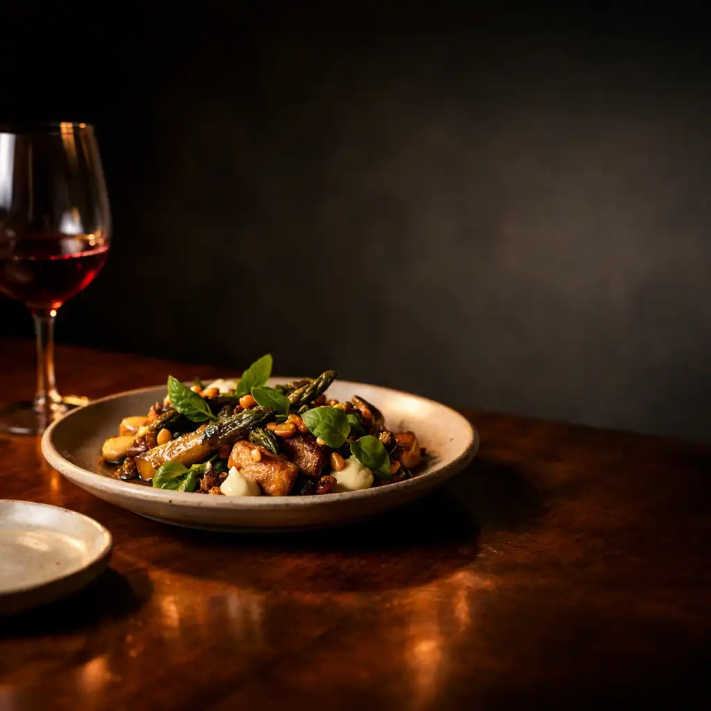 Seasonal shared dish and wine glass on a warmly lit timber table
