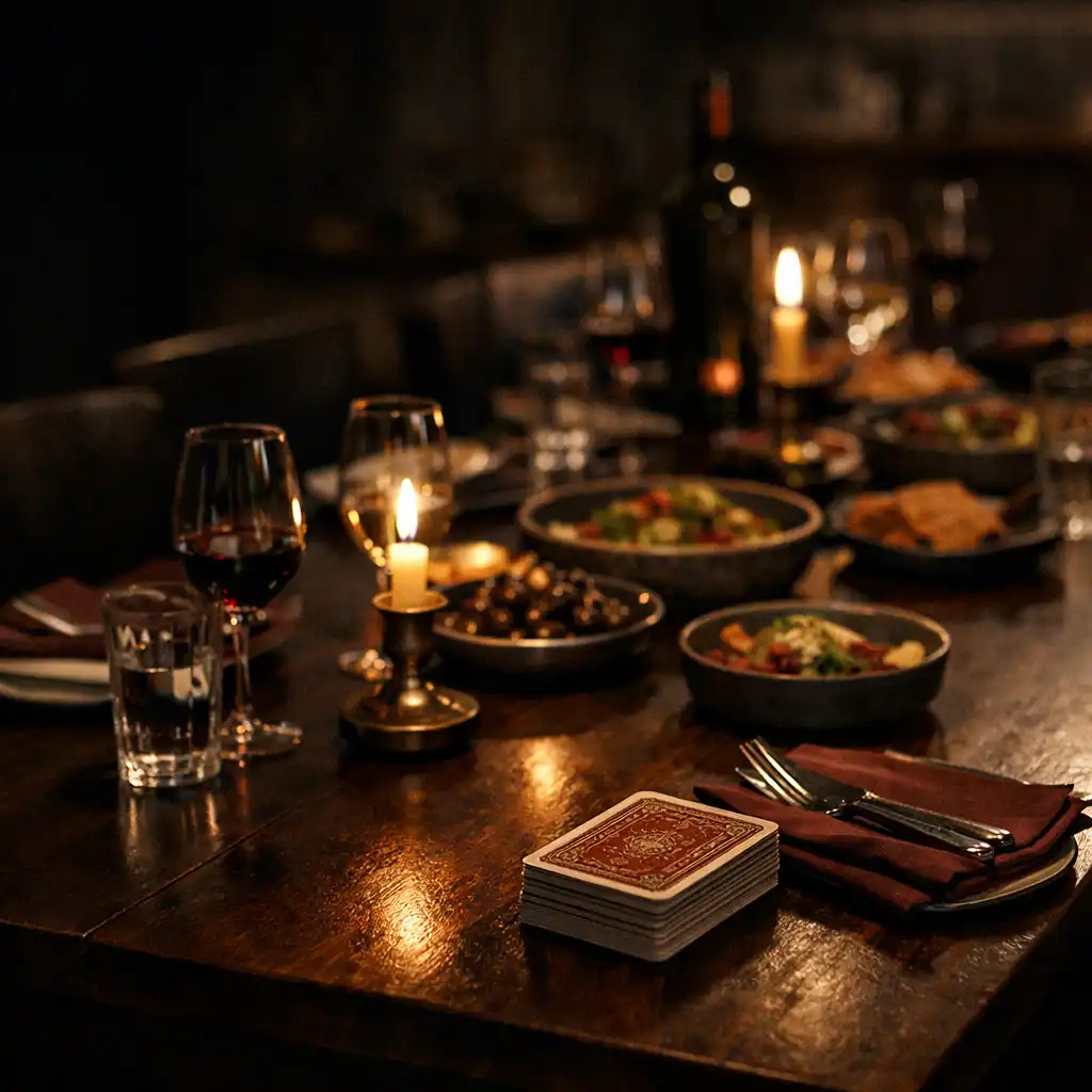 A thoughtfully prepared private supperhouse table with place settings, shared plates and cards