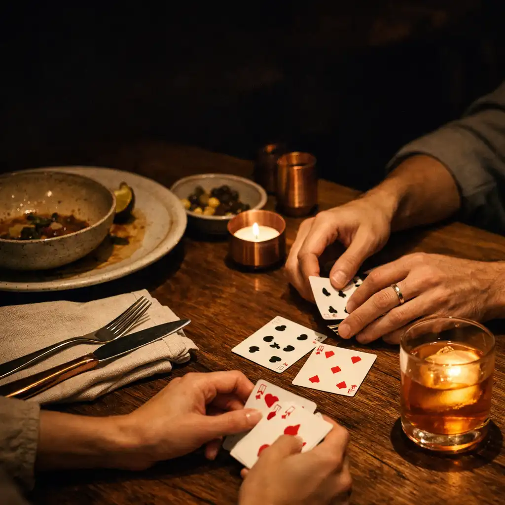 Hands arranging cards beside shared dishes and a drink on a warm timber table