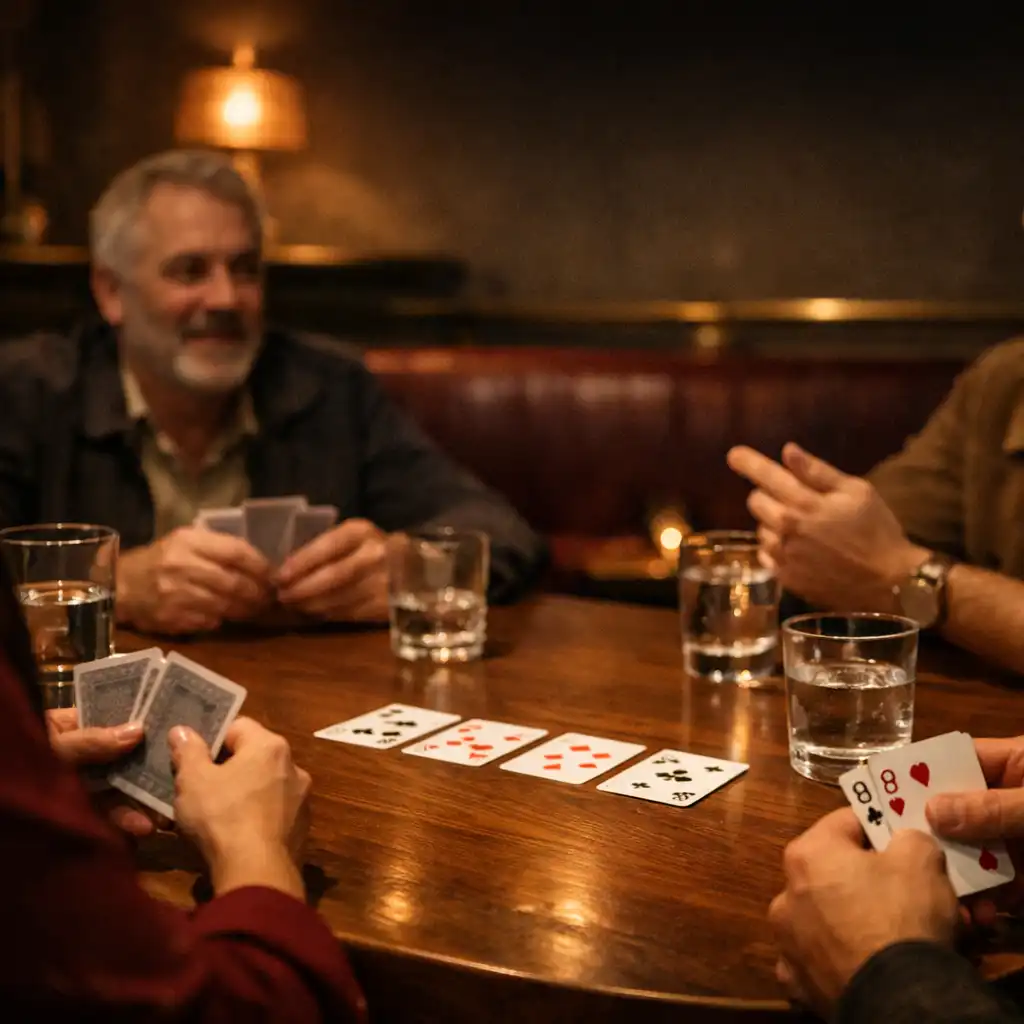 Guests in conversation around an in-person social poker table