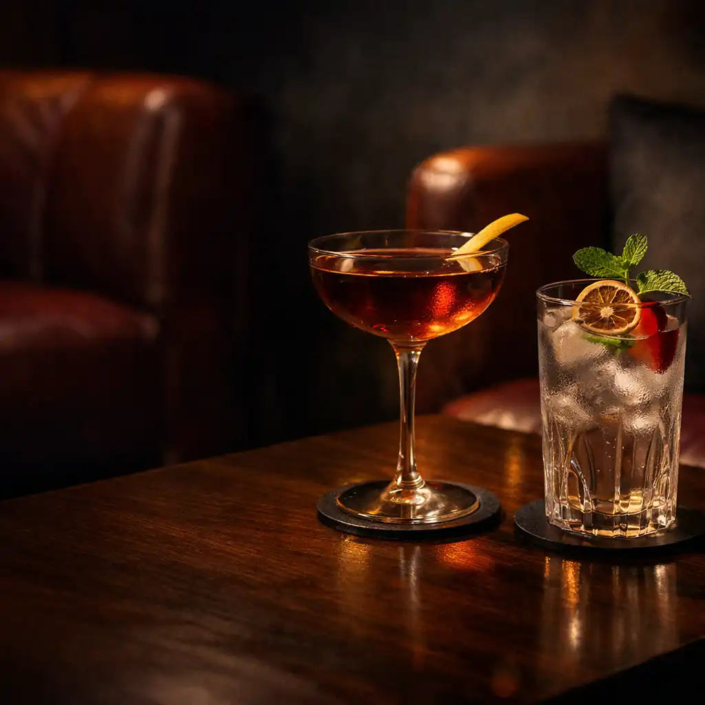 A cocktail and a non-alcoholic drink on a timber table beside softly blurred lounge seating in warm light.