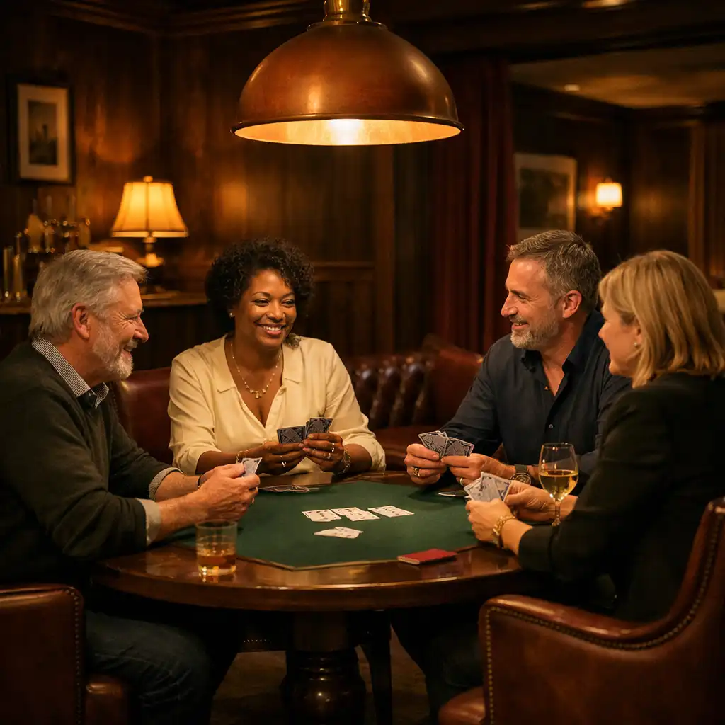 A small group in relaxed conversation around an offline card lounge table in a warmly lit room.