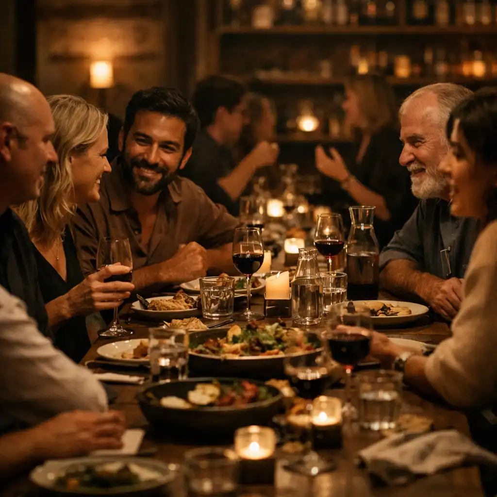 A group gathered around a long supper table with shared plates and warm evening light.
