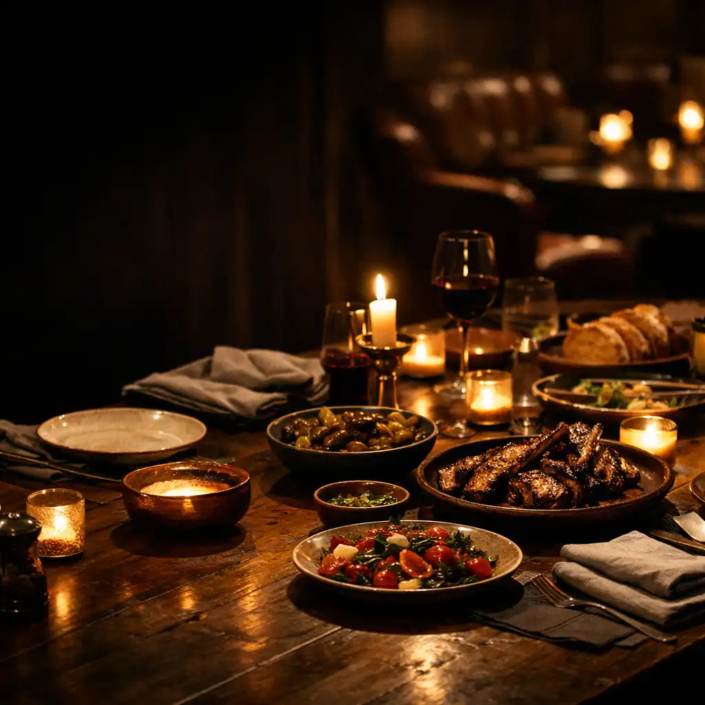 A low-lit supper table set with shared plates, linen napkins and glassware, with the card lounge softly visible beyond.