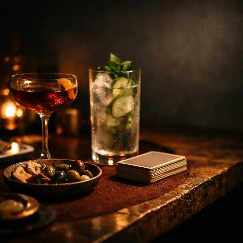 Late-evening table detail with a drink, shared plate, and resting cards