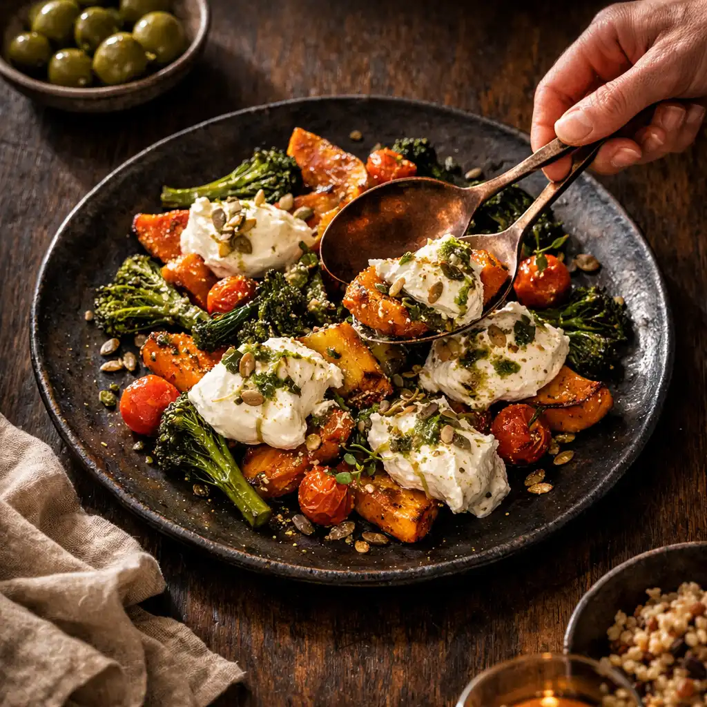 A seasonal shared plate at the centre of a dark timber table with linen and softly lit glassware.