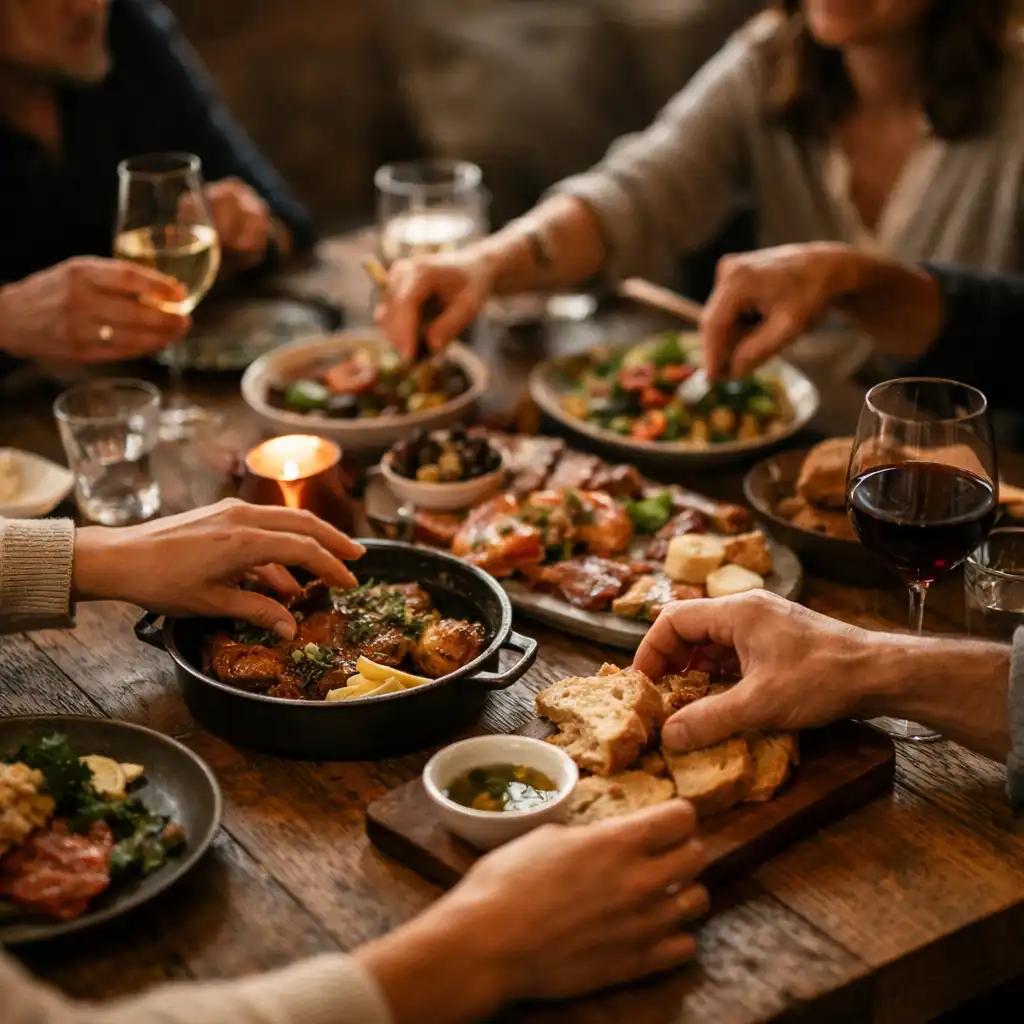Hands reaching across a warmly lit timber table for shared plates and glasses.