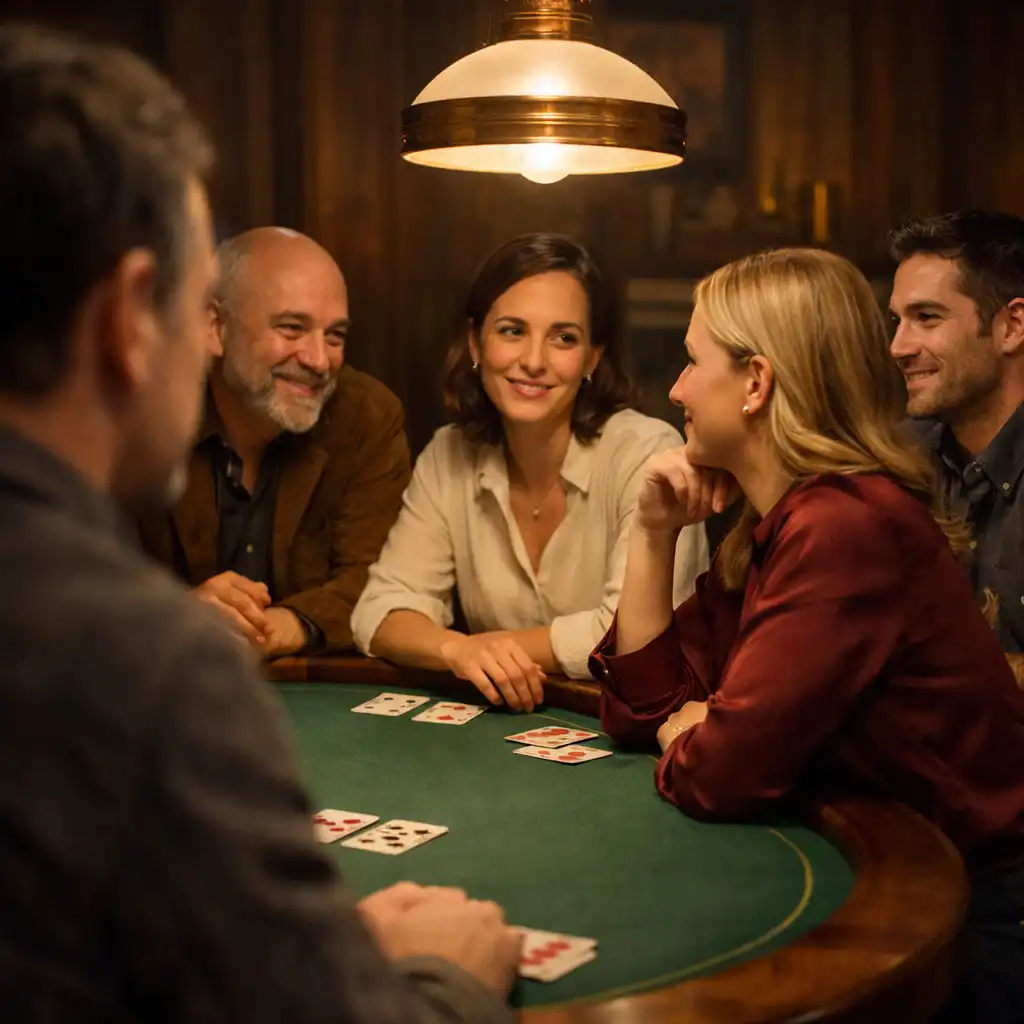 Guests seated around an offline social poker table in conversation