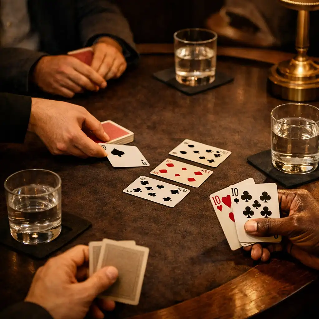 Adult hands calmly dealing and holding ordinary playing cards at a softly lit social card lounge table.