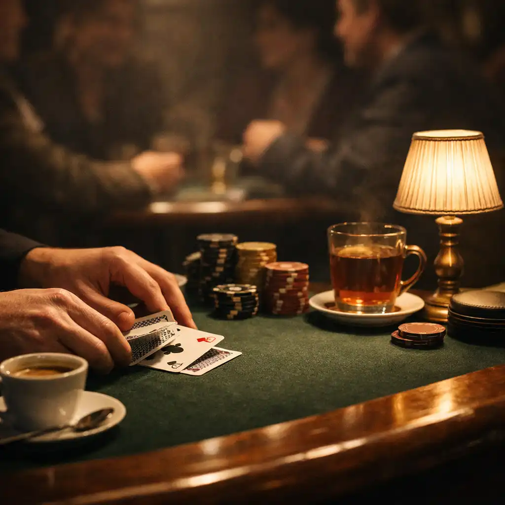 Hands arranging cards at a warm, tactile offline social poker table