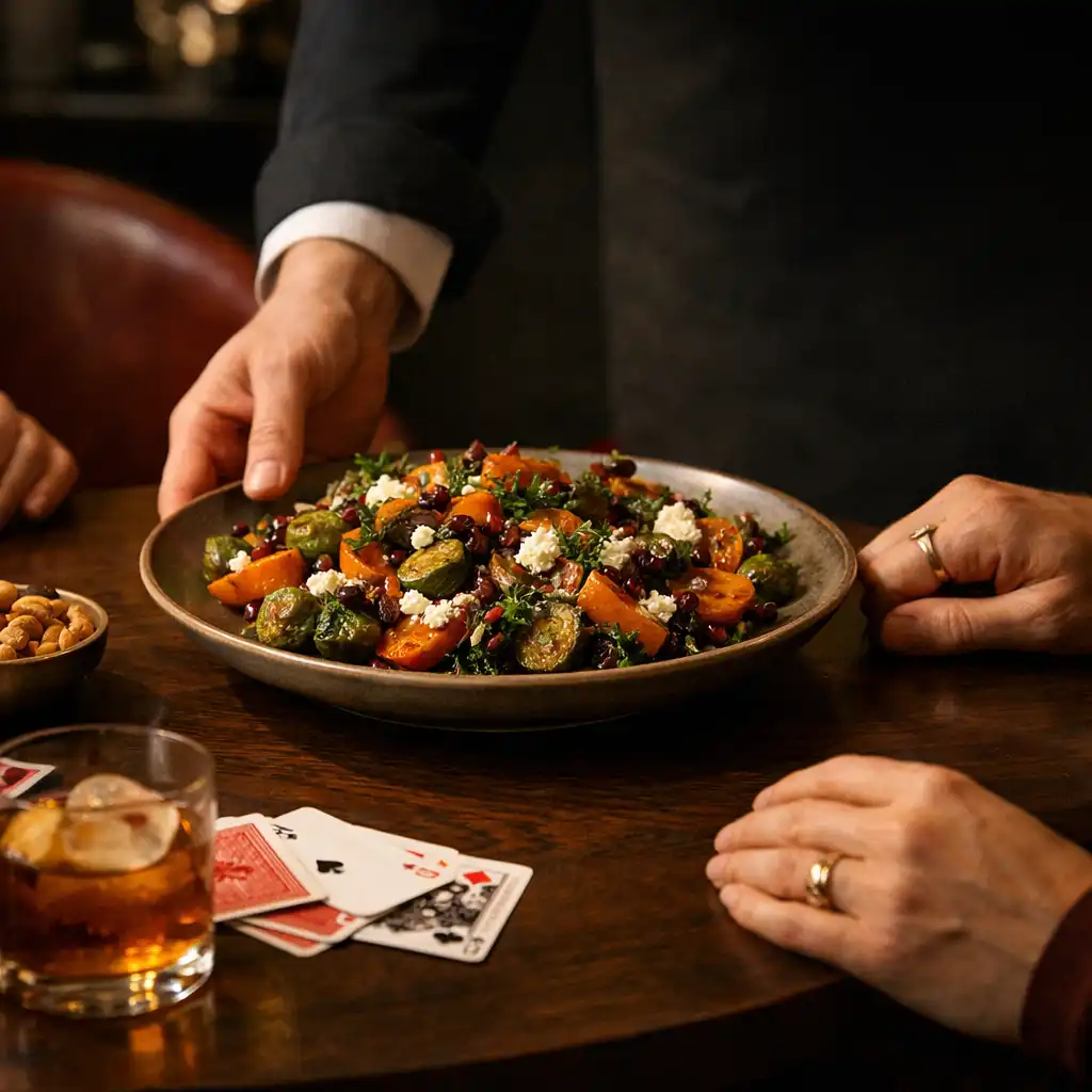 A shared plate being placed on a dark timber table with a low glass and cards nearby