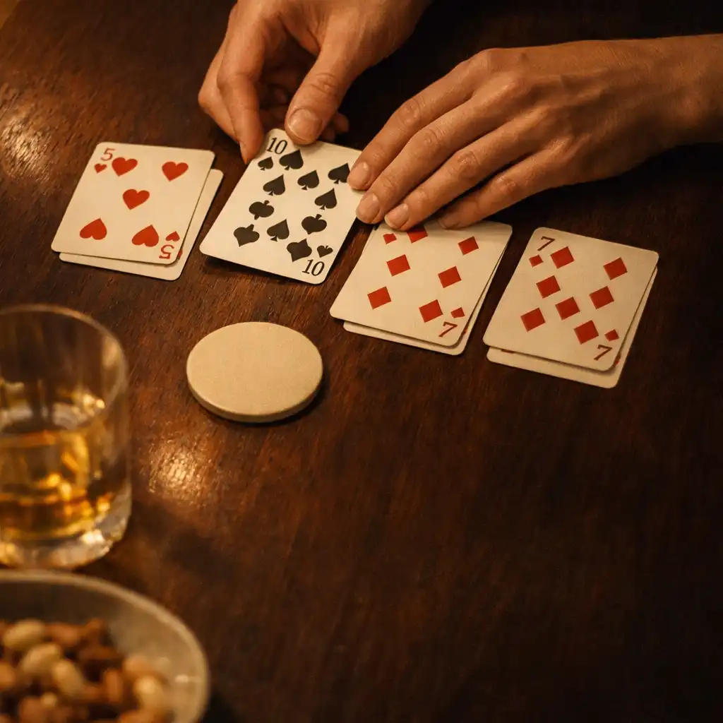 Hands arranging real playing cards on a dark timber table beside a glass and shared dish