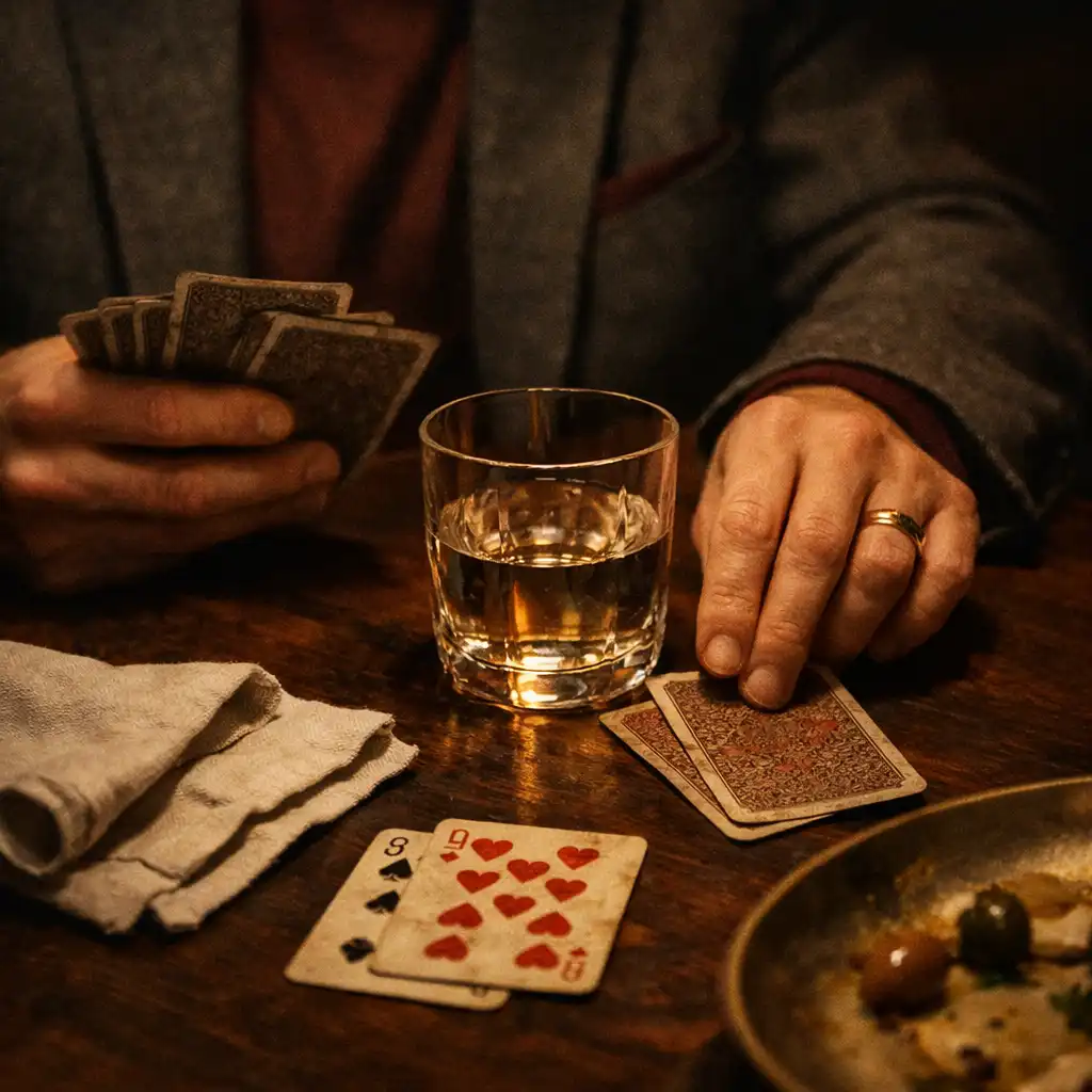 Hands, textured playing cards, a water glass and the edge of a shared plate on a warmly lit table.
