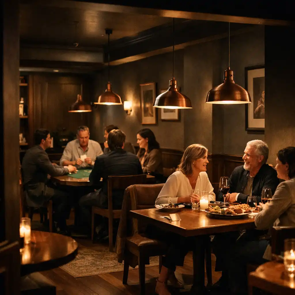 Guests in relaxed conversation around timber tables in a warmly lit restaurant and social card lounge.