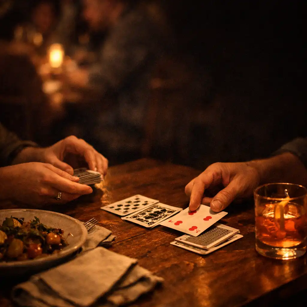 Hands arranging playing cards beside shared supper plates and a softly lit drink on a timber table.