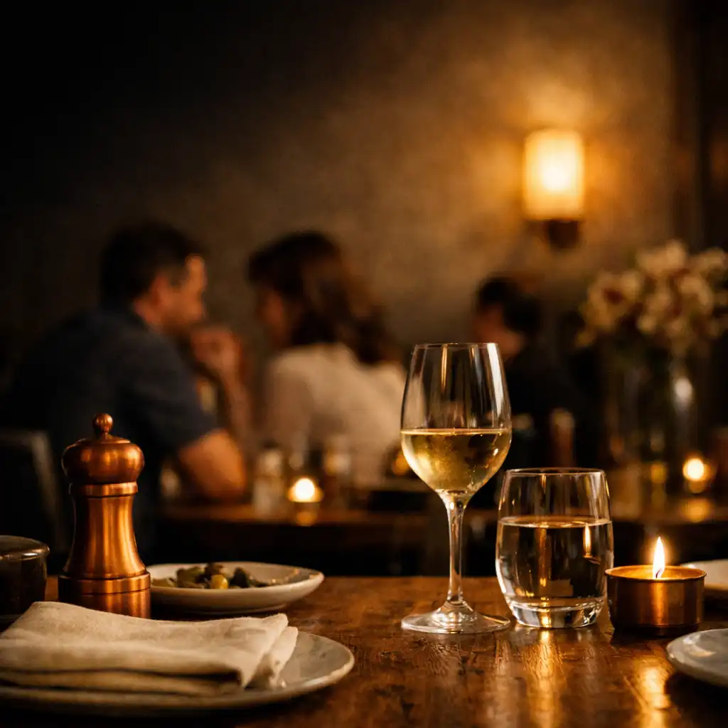 Intimate restaurant table setting with softly blurred diners in the background