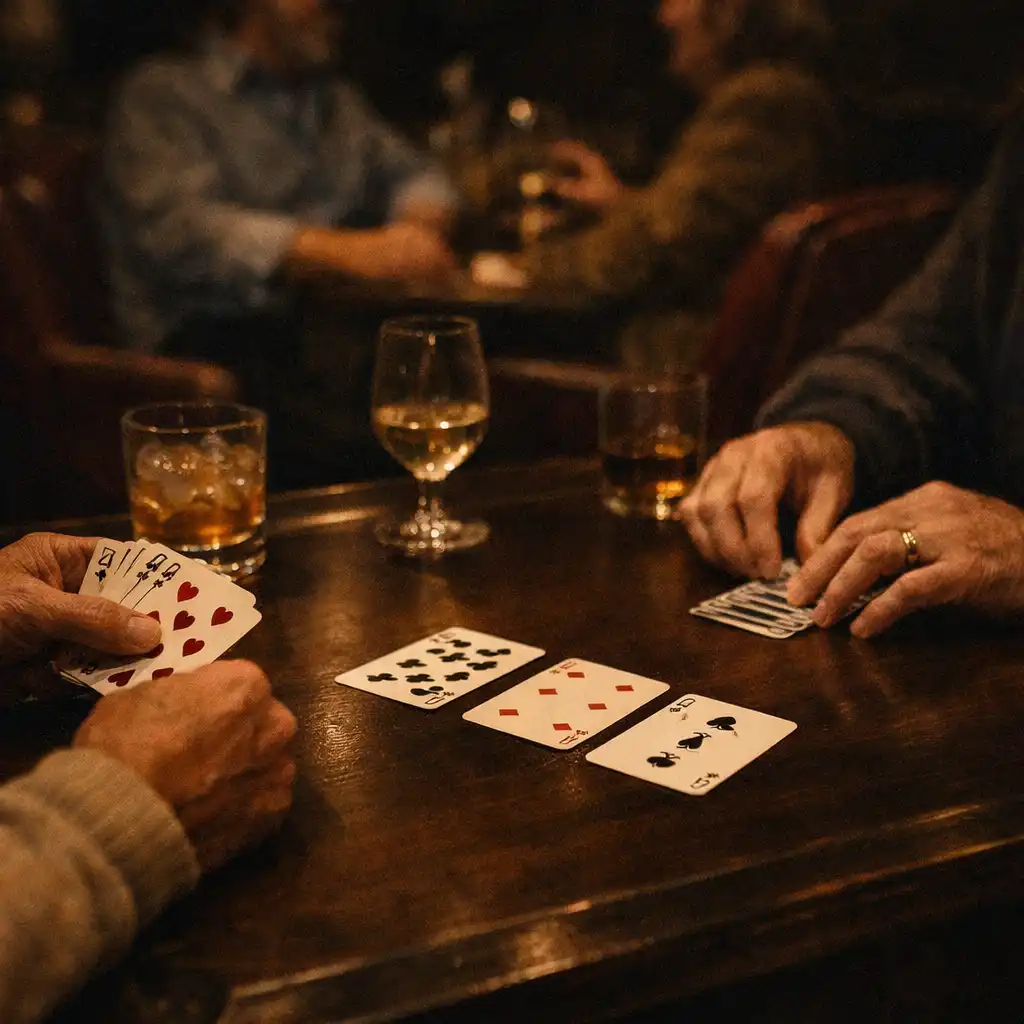Adult hands arranging ordinary playing cards on a dark timber table after dinner