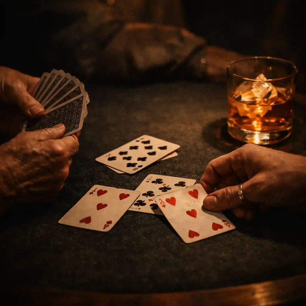 Adult hands and ordinary playing cards on a warmly lit social card-lounge table