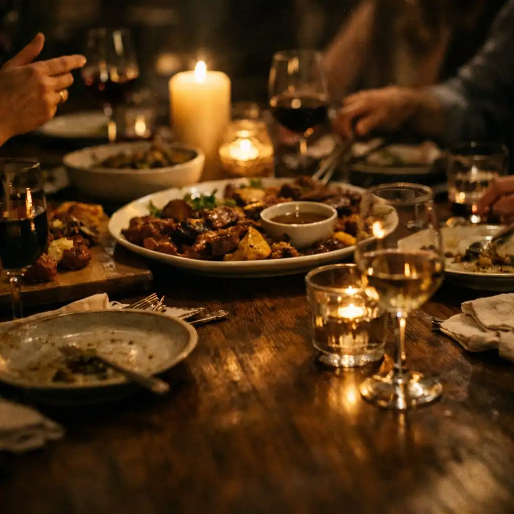 Late shared supper table with plates, glowing glasses and conversational gestures
