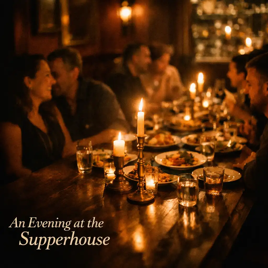 Warmly lit shared dining table at Dealer Supperhouse