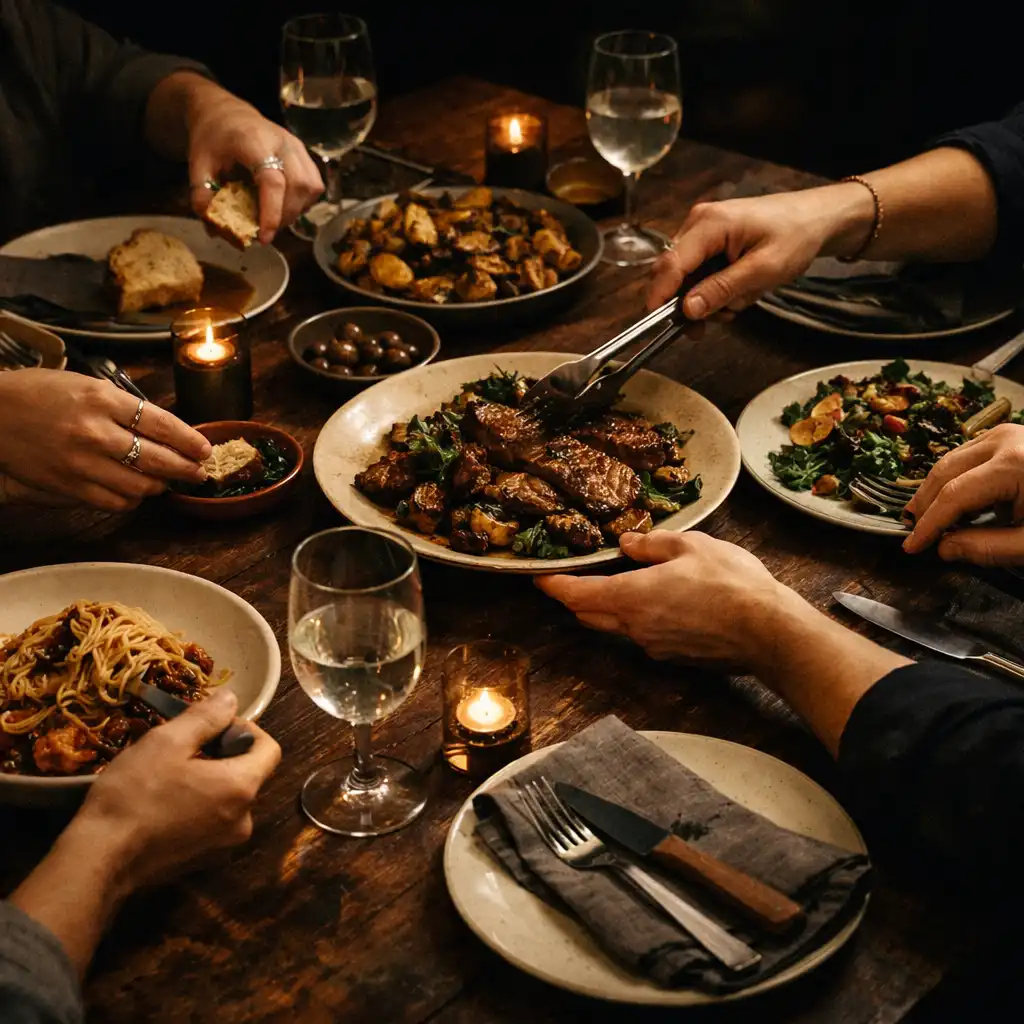 Hands reaching across shared plates and glassware on a warmly lit supper table