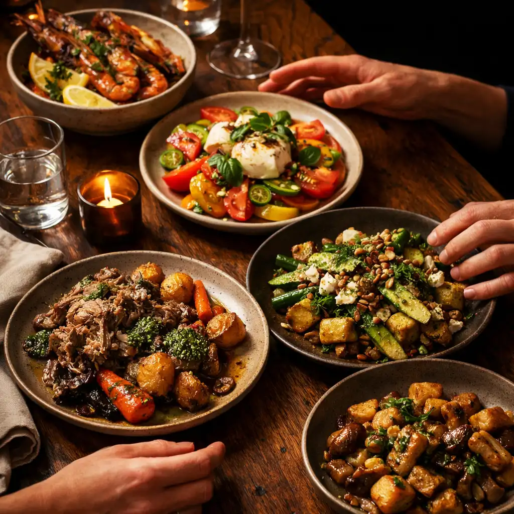 Seasonal shared plates and glassware on a warmly lit timber dining table